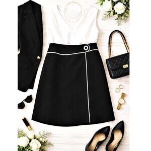 Michele Black Faux Wrap Skirt Size 8 White Contrast Trim Button Detail A-Line